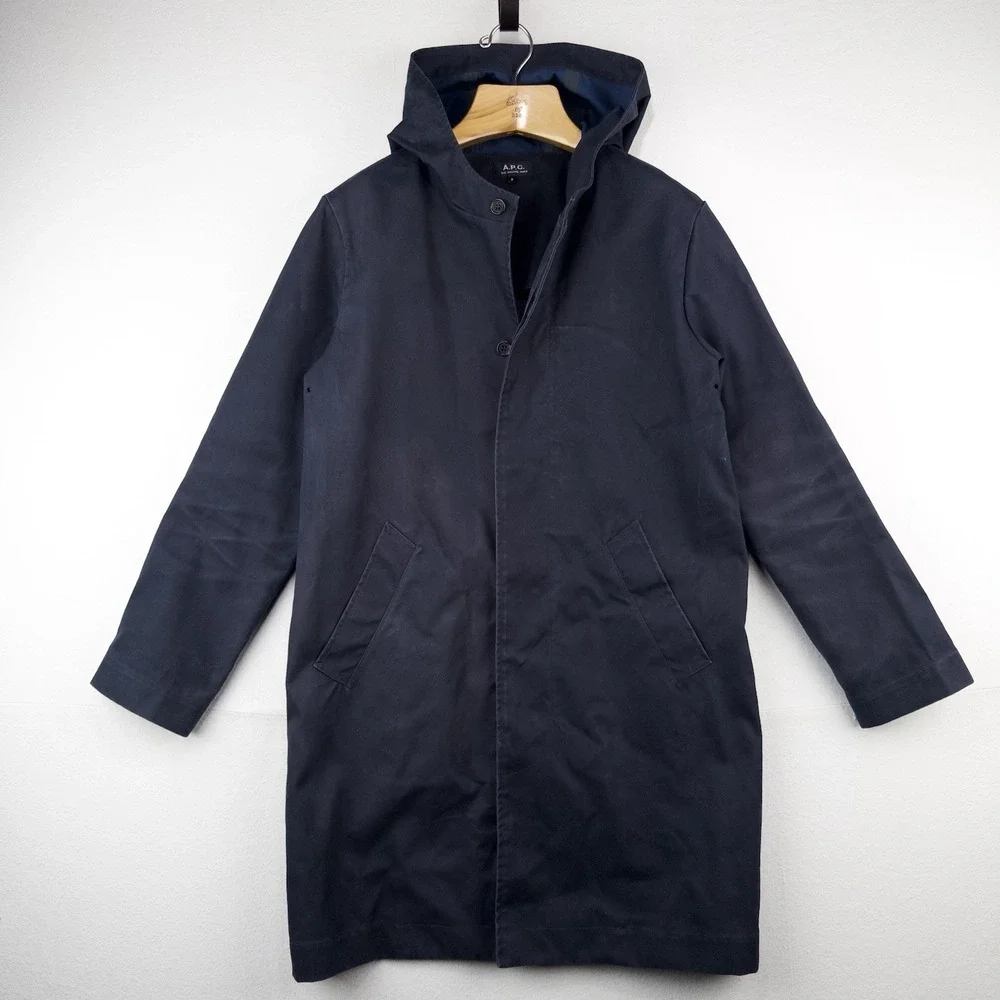 APC Navy Blue Hooded Trench Rain Coat Mac Parka Jacket Men's Small S
